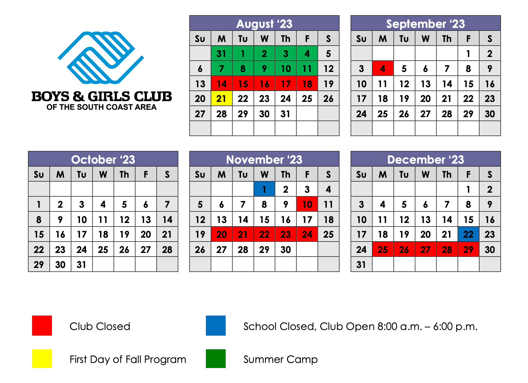 Fall Calendar Boys & Girls Club of San Clemente